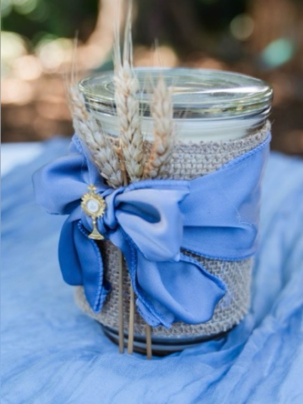Communion or Baptism Decorative Burlap candle with Blue Ribbon and Wheat Accent